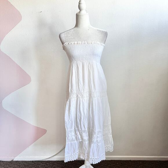 Ravinya White Tube Top Maxi Dress Strapless Flowy Boho Y2K Cottagecore Small - Picture 1 of 5